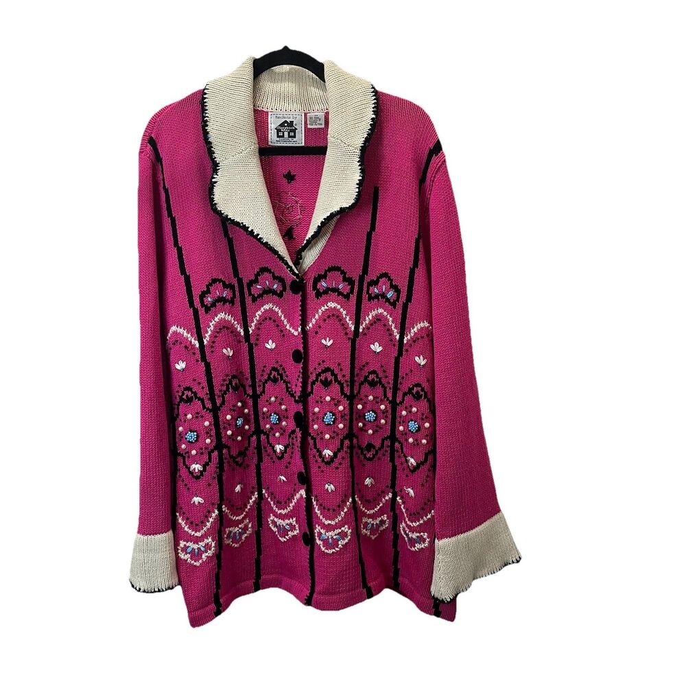 Handknits by Storybook Knits Hot Pink Black Beaded Embroidered Button Sweater 2X
